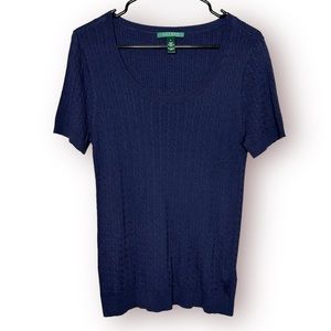 Lauren Ralph Lauren Cable Knit Navy Short Sleeve Scoop Neck Blouse size Large